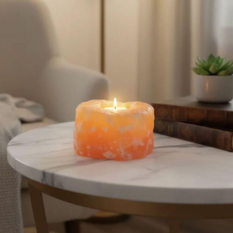 Porta Vela Decorativo Pedra Natural Exótica Calcita Laranja Esculpida Artesanalmente