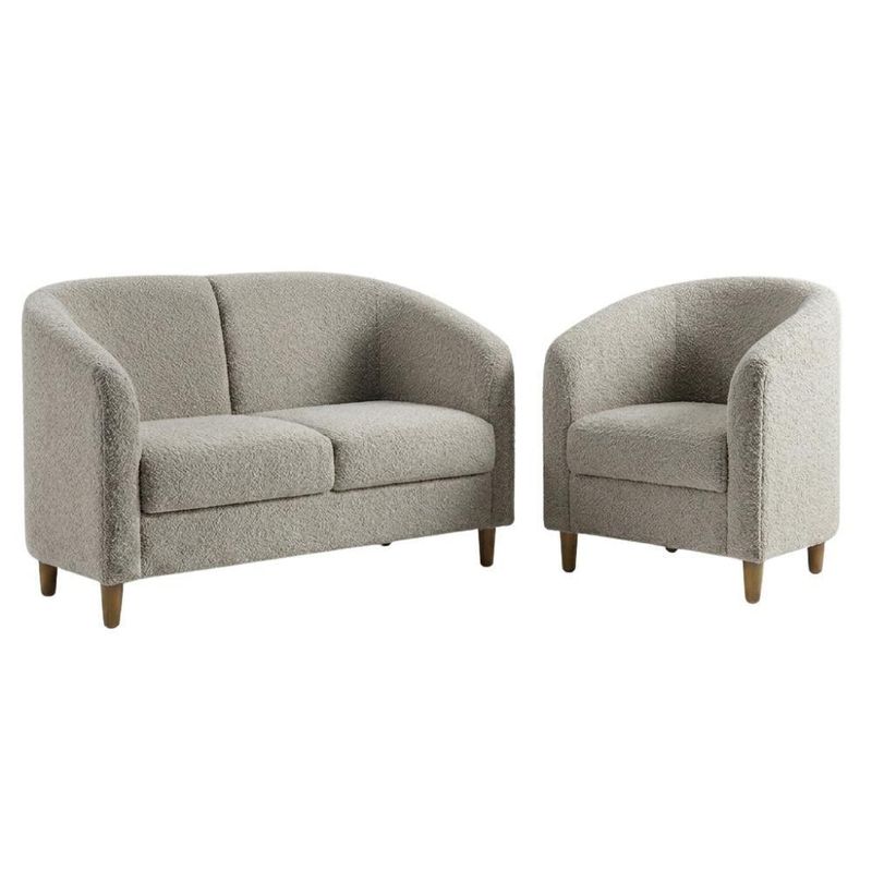 Kit Poltrona e Namoradeira Aura Boucle Pés Palito Madeira Sala de Estar Milani Movelaria
