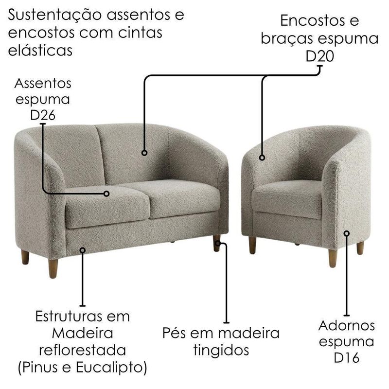 Kit Poltrona e Namoradeira Aura Boucle Pés Palito Madeira Sala de Estar Milani Movelaria