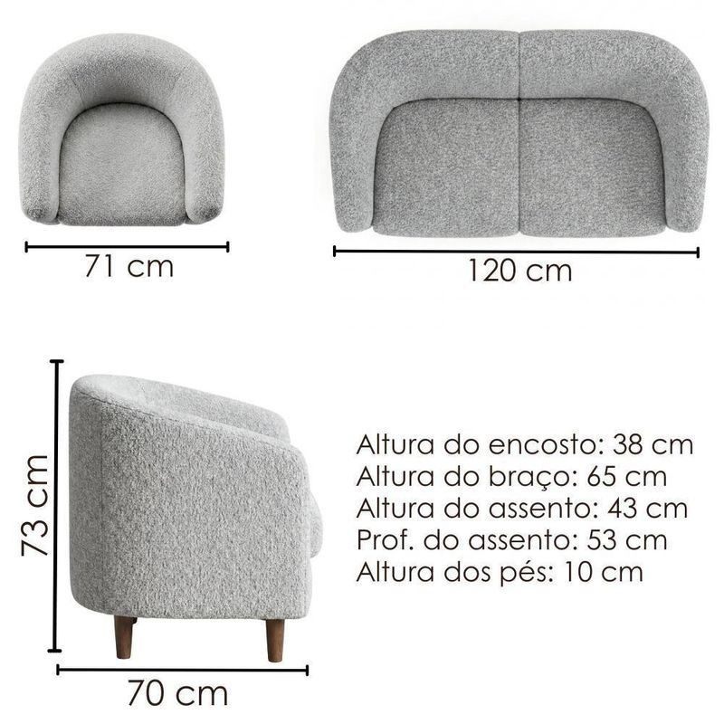Kit Poltrona e Namoradeira Aura Boucle Pés Palito Madeira Sala de Estar Milani Movelaria