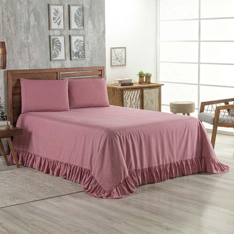 Kit Cobre Leito Turin Queen 3 Peças Micropercal 400 Fios Babado Liso Rosê Casa Scarpa