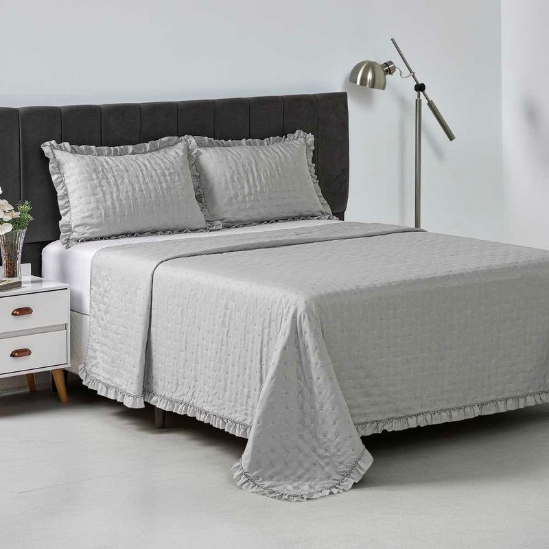 Kit Cobre Leito Elegance Casal Microfibra 100% Poliéster com Babado 3 Peças Cinza Casa Scarpa