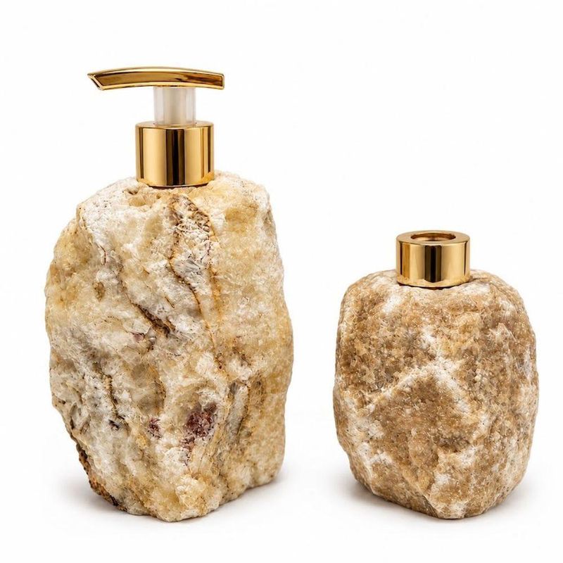 Kit Dispenser Sabonete e Difusor em Pedra Natural Quartzo Laranja