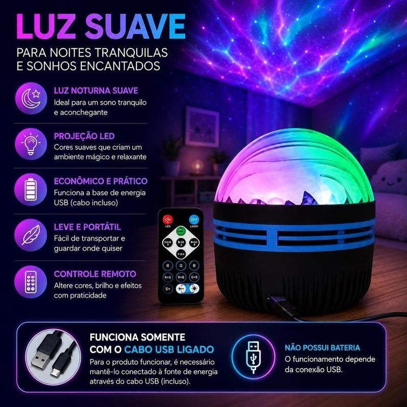 Luminária Projetor Galáxia LED RGB USB com Controle Remoto Abajur Infantil Noturno Yeet