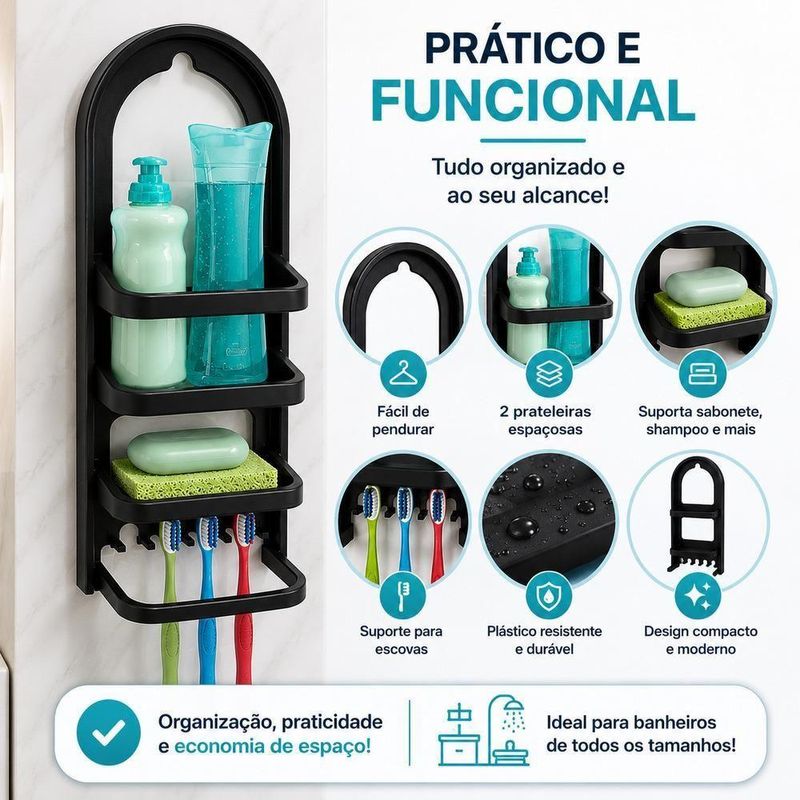 Porta Shampoo Prateleira de Parede para Banheiro Porta Shampoo Prateleira de Plástico Nitron Preto