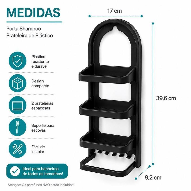 Porta Shampoo Prateleira de Parede para Banheiro Porta Shampoo Prateleira de Plástico Nitron Preto