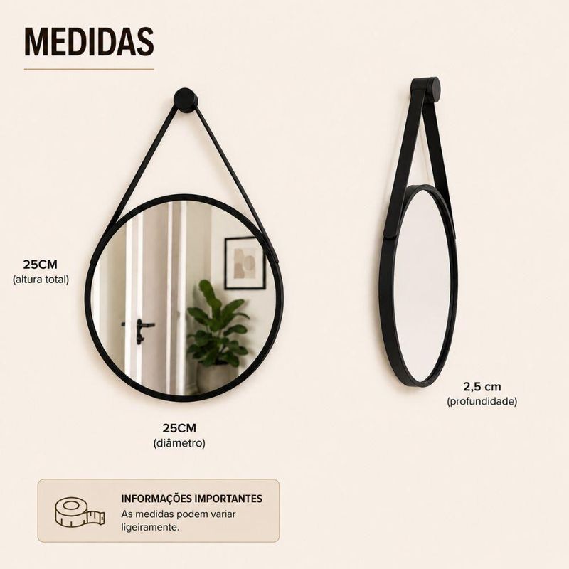 Espelho Decorativo Redondo 25CM Moldura Plástico Parede Banheiro Preto Kangur
