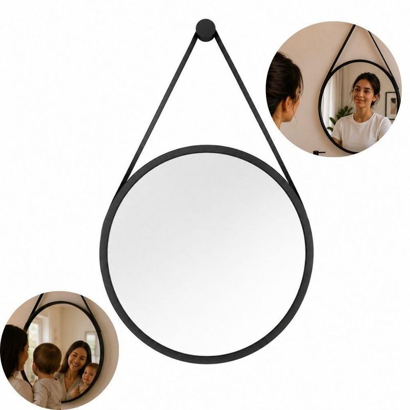 Espelho Decorativo Redondo 25CM Moldura Plástico Parede Banheiro Preto Kangur