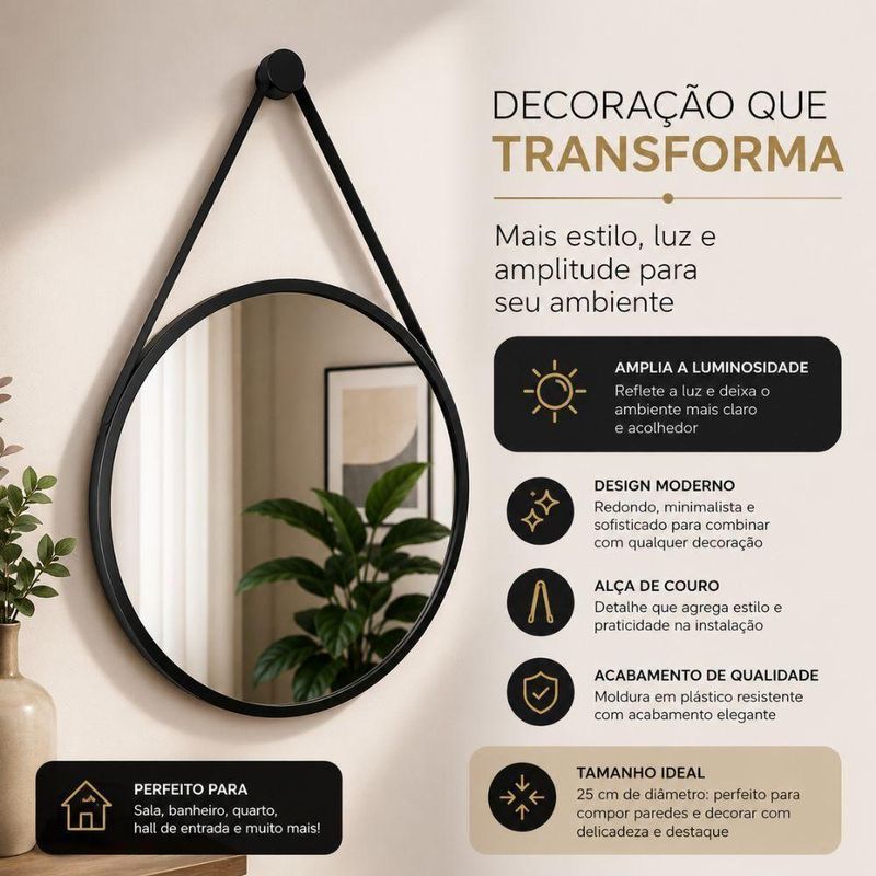 Espelho Decorativo Redondo 25CM Moldura Plástico Parede Banheiro Preto Kangur