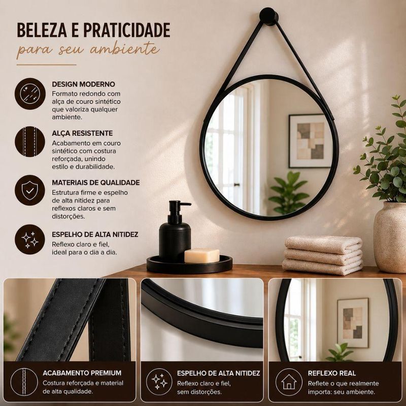 Espelho Decorativo Redondo 25CM Moldura Plástico Parede Banheiro Preto Kangur