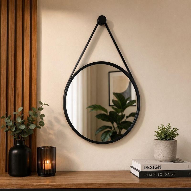 Espelho Decorativo Redondo 25CM Moldura Plástico Parede Banheiro Preto Kangur