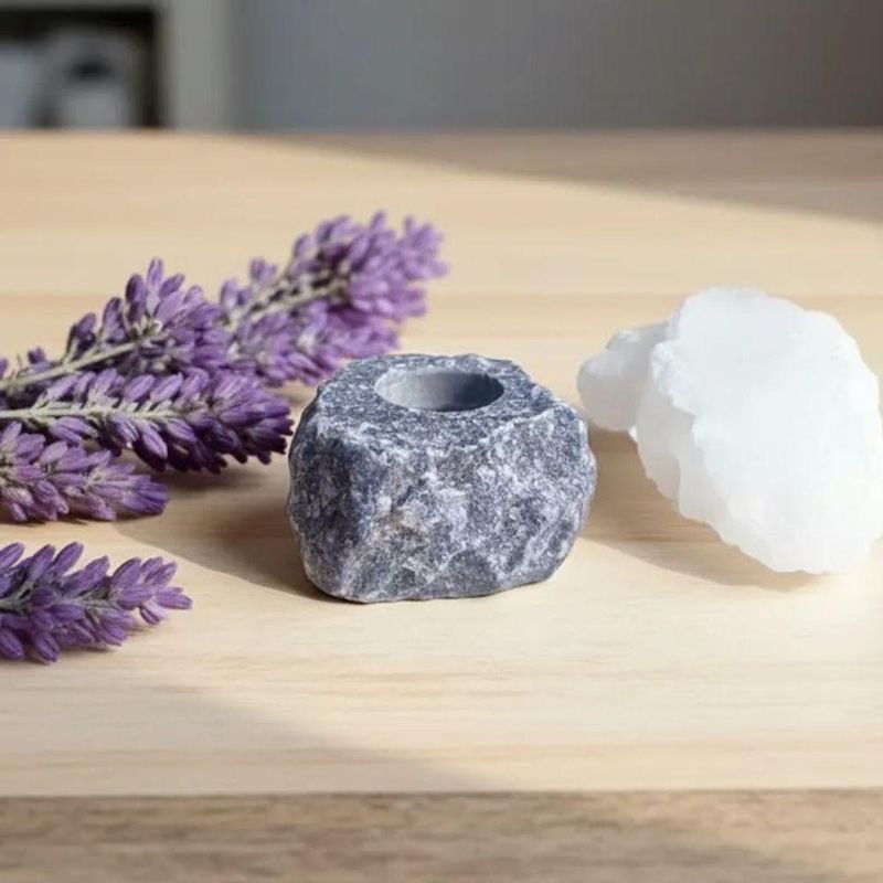 Porta Vela Decorativo Pedra Natural Cristal Quartzo Azul Esculpida Artesanalmente