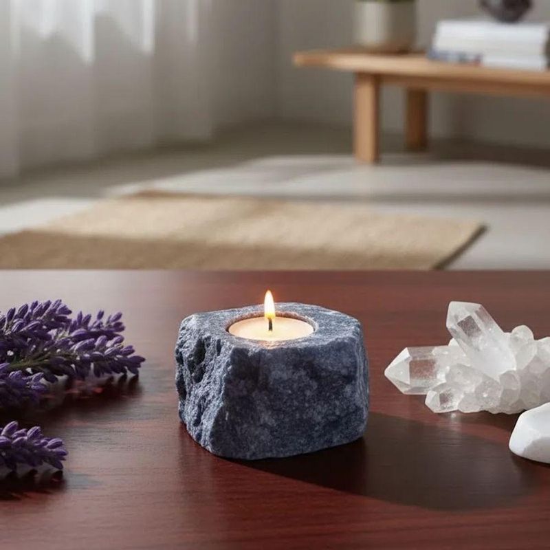Porta Vela Decorativo Pedra Natural Cristal Quartzo Azul Esculpida Artesanalmente