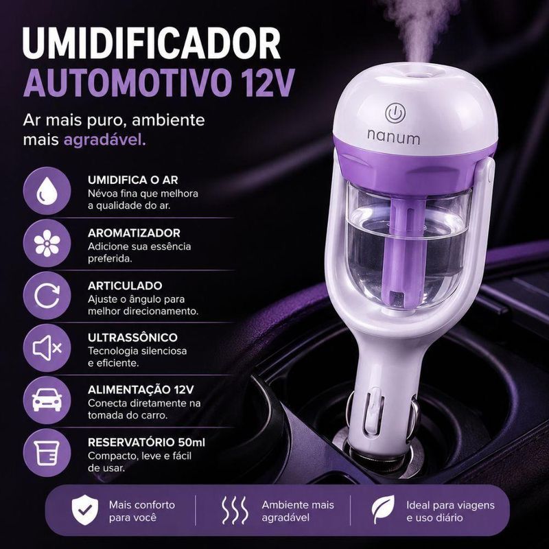 Umidificador de Ar Automotivo Articulado 12V 50ML Ghittoni Portatil Aromatizador Veicular 12V