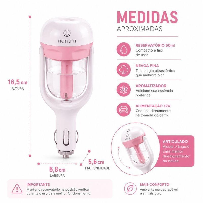 Umidificador de Ar Automotivo Articulado 12V 50ML Ghittoni Portatil Aromatizador Veicular 12V