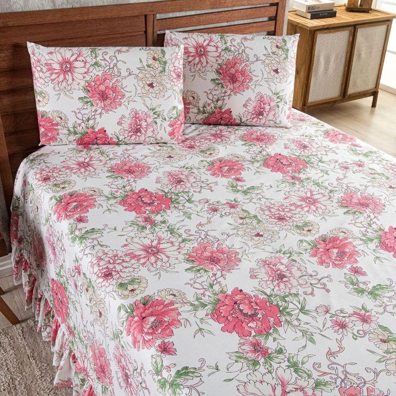 Kit Cobre Leito Laila Solteiro Micropercal 400 Fios 100% Poliéster Floral 2 Casa Scarpa