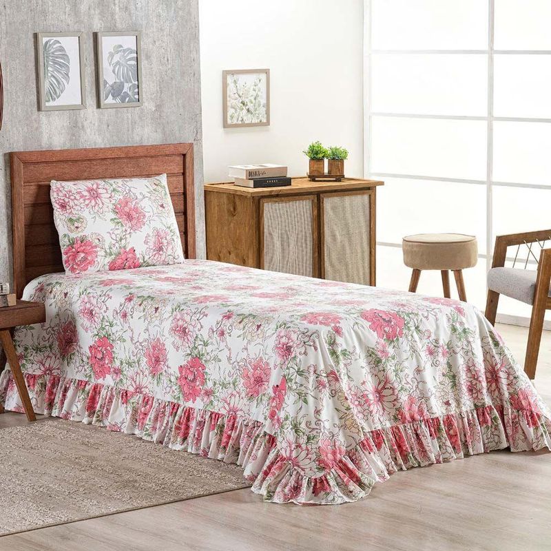 Kit Cobre Leito Laila Solteiro Micropercal 400 Fios 100% Poliéster Floral 2 Casa Scarpa