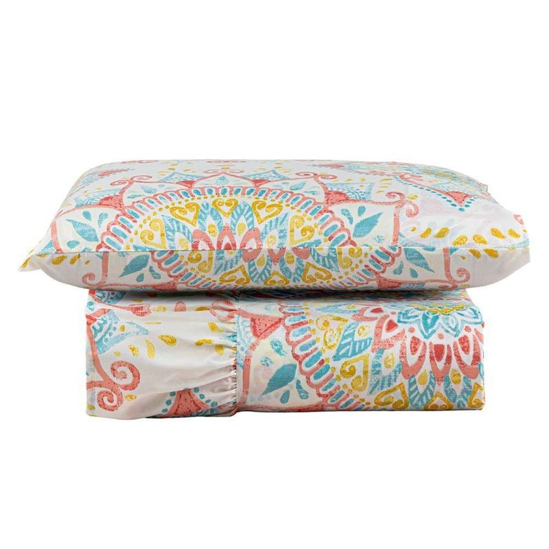 Kit Cobre Leito Laila Mandala 3 Solteiro Micropercal 400 Fios 100% Poliéster Babado Estampado Rosa