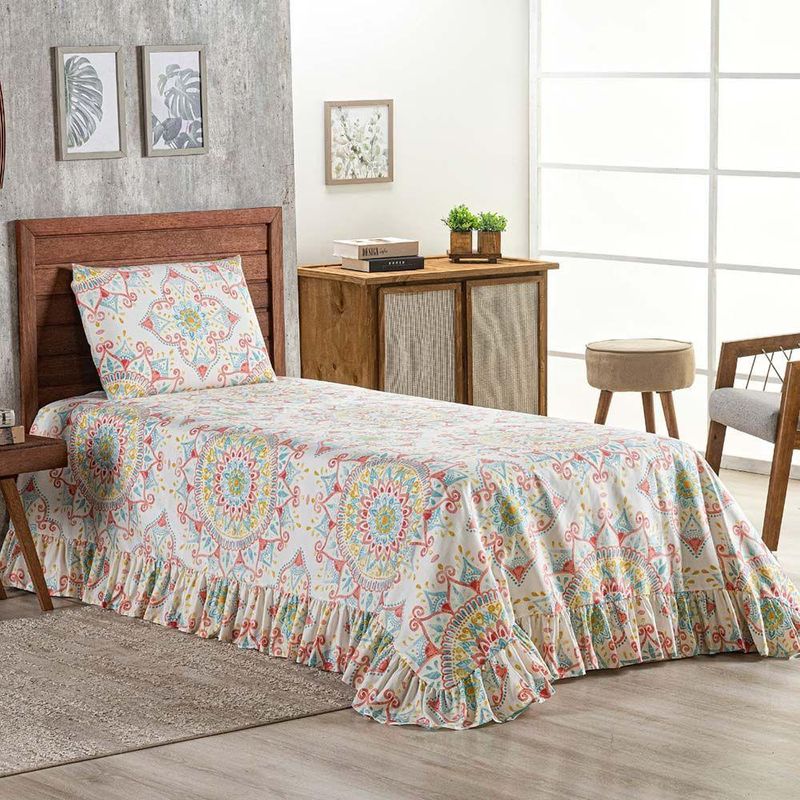 Kit Cobre Leito Laila Mandala 3 Solteiro Micropercal 400 Fios 100% Poliéster Babado Estampado Rosa