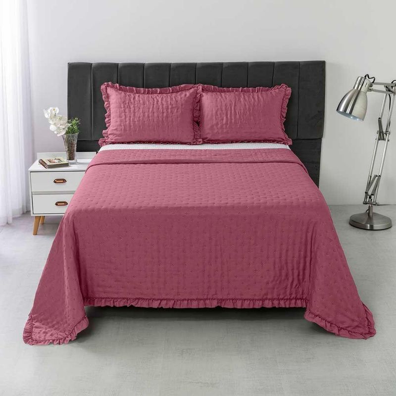 Kit Cobre Leito Elegance Queen Microfibra 3 Peças Babado Rosa Casa Scarpa