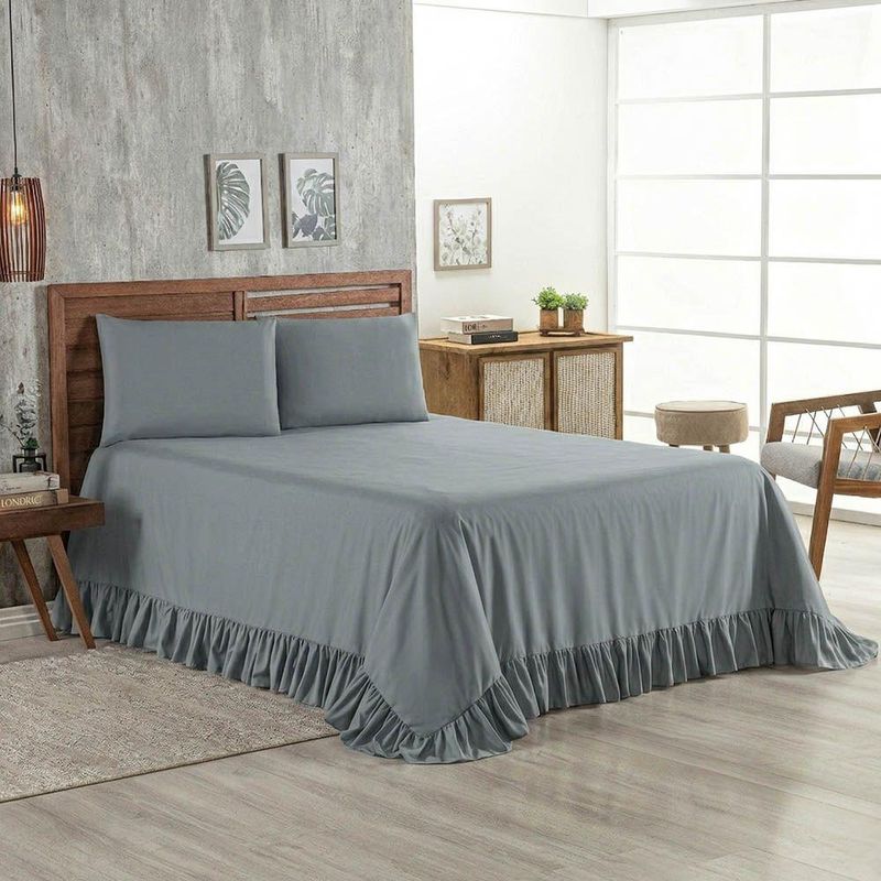 Kit Cobre Leito Turin Queen 3 Peças Micropercal 400 Fios Babado Liso Cinza Casa Scarpa