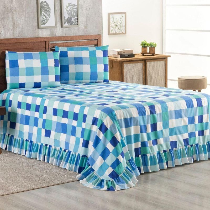 Kit Cobre Leito Laila Quadri Azul 4 Casal Micropercal 400 Fios 100% Poliéster Estampado Casa Scarpa