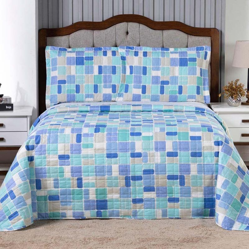 Kit Cobre Leito Karina Queen 3 Peças Micropercal 300 Fios Estampado Mosaico Azul Casa Scarpa