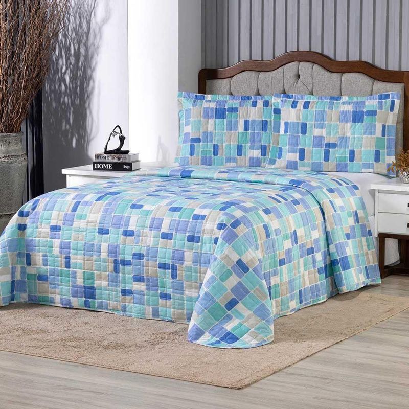 Kit Cobre Leito Karina Queen 3 Peças Micropercal 300 Fios Estampado Mosaico Azul Casa Scarpa