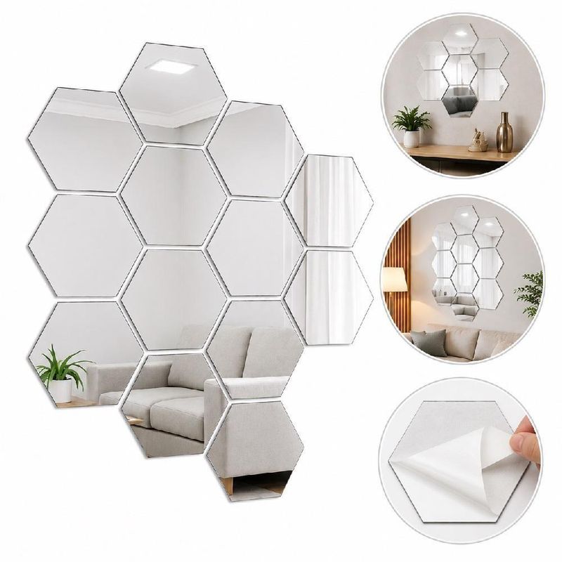 Espelho Adesivo Decorativo Acrilico Hexagonal Kit 12 Unidades Parede Espelhado Prata Kangur