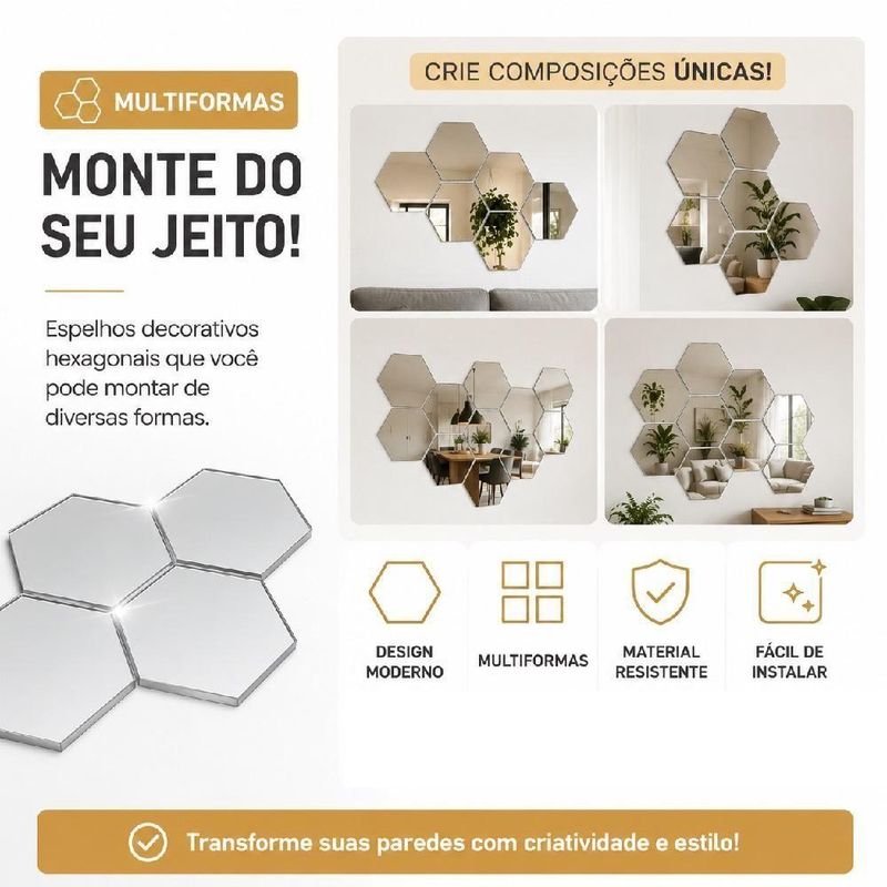 Espelho Adesivo Decorativo Acrilico Hexagonal Kit 12 Unidades Parede Espelhado Prata Kangur