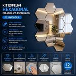 Espelho Adesivo Decorativo Acrilico Hexagonal Kit 12 Unidades Parede Espelhado Prata Kangur