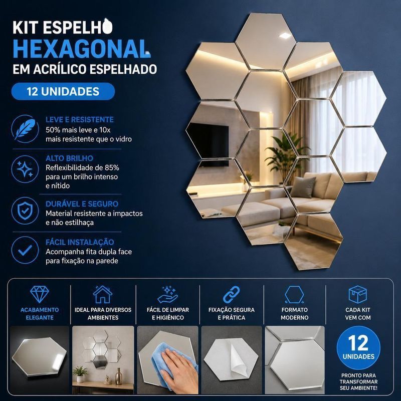 Espelho Adesivo Decorativo Acrilico Hexagonal Kit 12 Unidades Parede Espelhado Prata Kangur