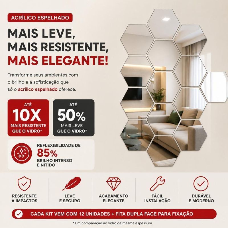 Espelho Adesivo Decorativo Acrilico Hexagonal Kit 12 Unidades Parede Espelhado Prata Kangur