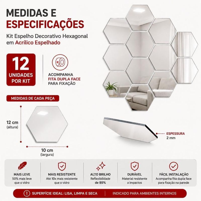 Espelho Adesivo Decorativo Acrilico Hexagonal Kit 12 Unidades Parede Espelhado Prata Kangur