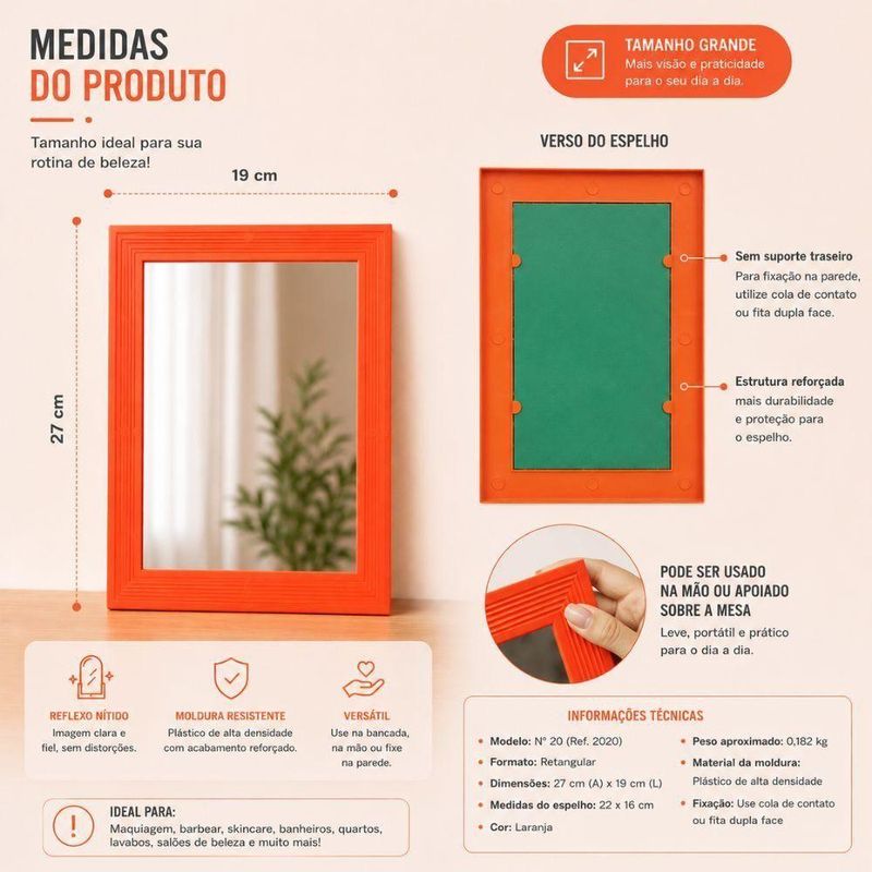 Espelho Retangular No 20 Bancada e Parede Moldura Plástica Moderno Banheiro Maquiagem Barba Salao