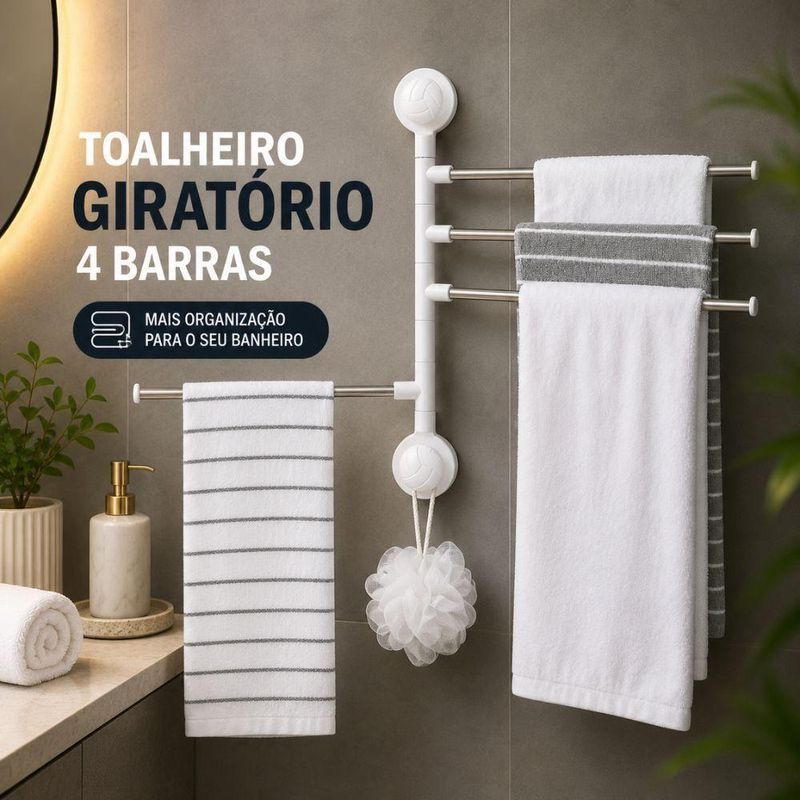 Porta Toalha Giratório Autoadesivo 4 em 1 4 Barras Articuladas Banheiro Branco Yeet