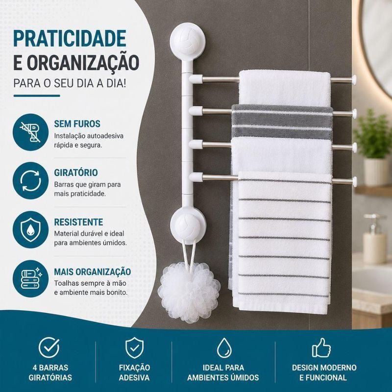 Porta Toalha Giratório Autoadesivo 4 em 1 4 Barras Articuladas Banheiro Branco Yeet
