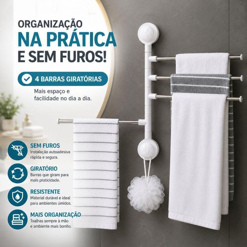 Porta Toalha Giratório Autoadesivo 4 em 1 4 Barras Articuladas Banheiro Branco Yeet