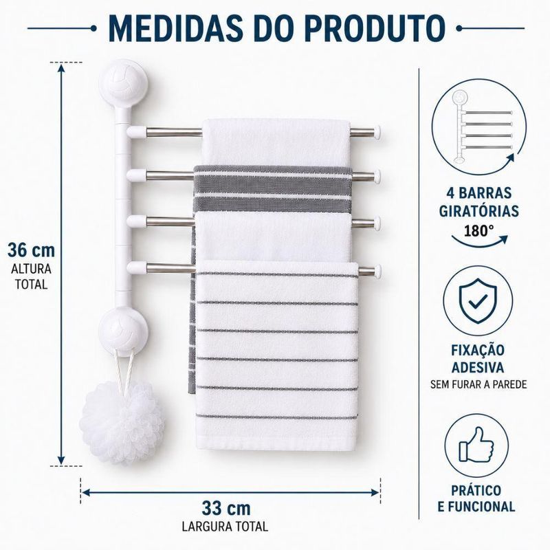 Porta Toalha Giratório Autoadesivo 4 em 1 4 Barras Articuladas Banheiro Branco Yeet