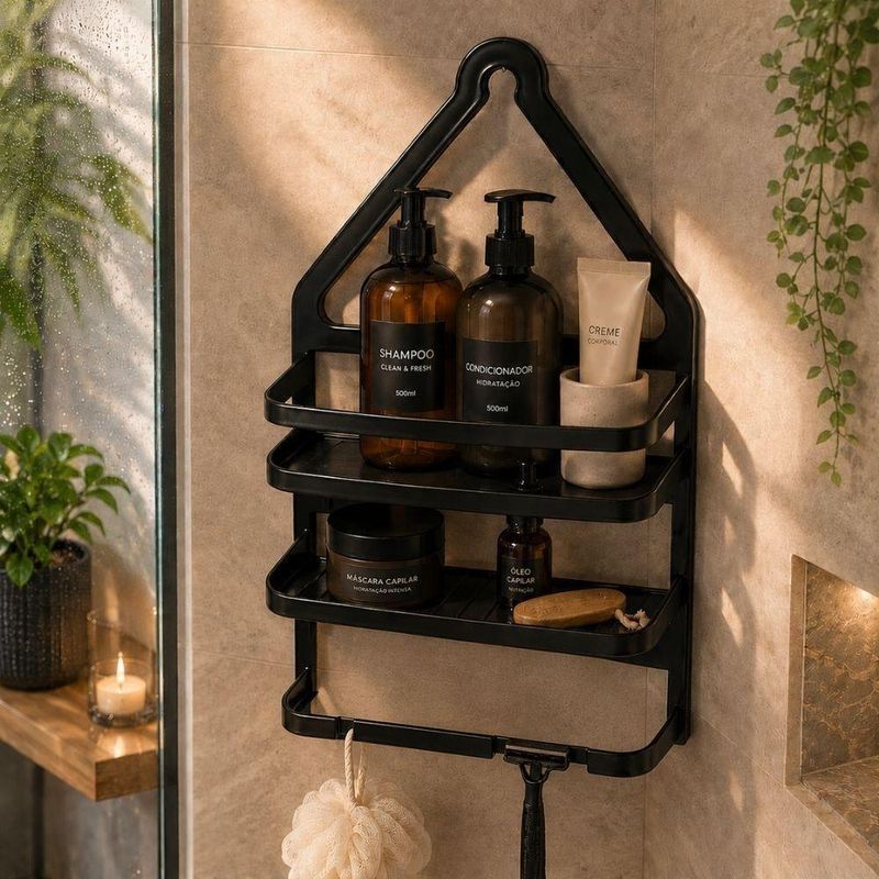 Porta Shampoo de Canto S-03 Banheiro 2 Prateleiras Gancho Superior Preto Yeet