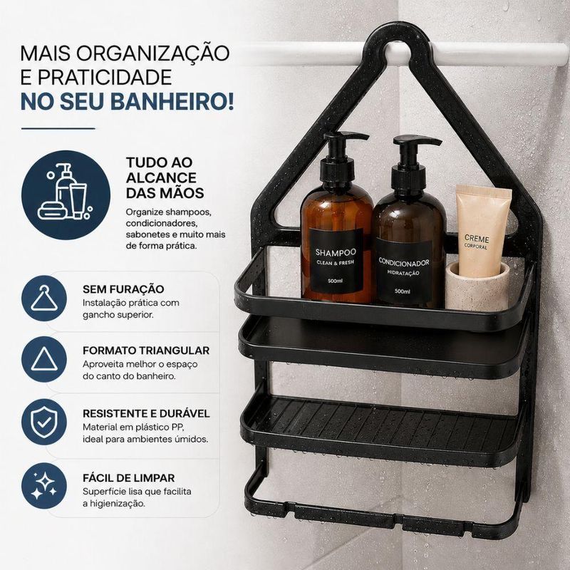 Porta Shampoo de Canto S-03 Banheiro 2 Prateleiras Gancho Superior Preto Yeet