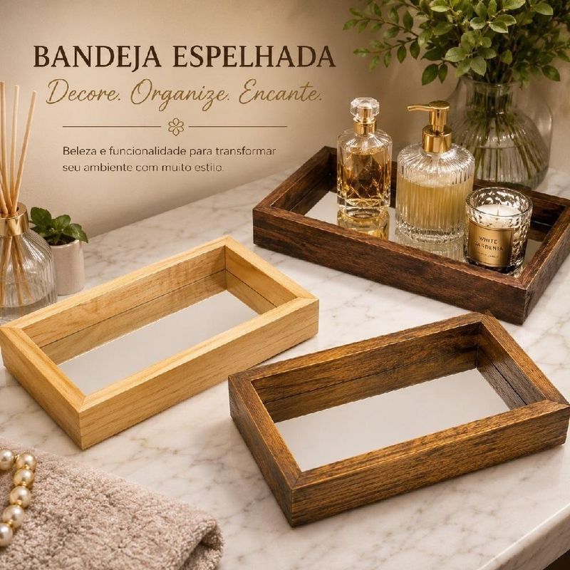 Bandeja Espelhada Decorativa Pequena Organizador Perfumes Madeira Natural Tratada Base Espelhada