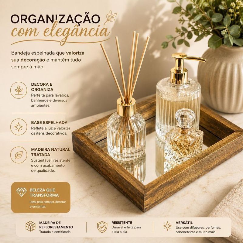Bandeja Espelhada Decorativa Pequena Organizador Perfumes Madeira Natural Tratada Base Espelhada