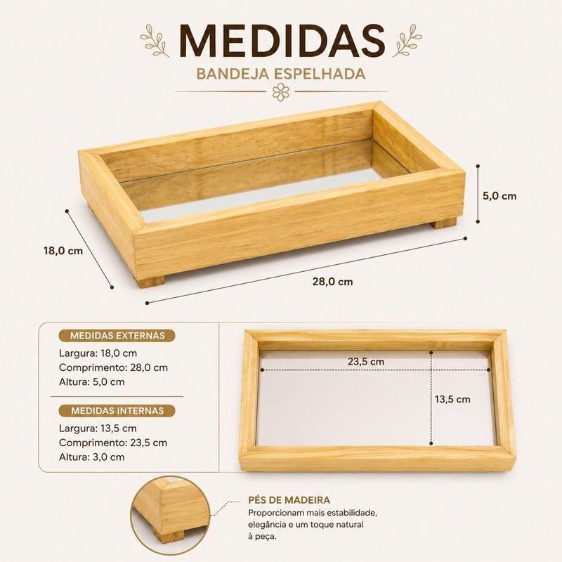 Bandeja Espelhada Decorativa Pequena Organizador Perfumes Madeira Natural Tratada Base Espelhada