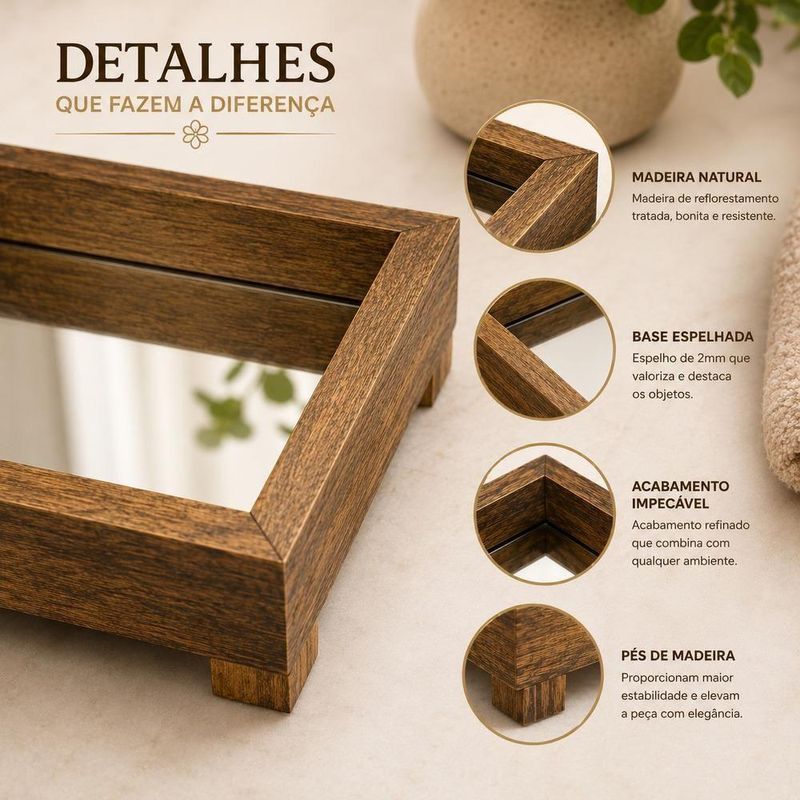 Bandeja Espelhada Decorativa Pequena Organizador Perfumes Madeira Natural Tratada Base Espelhada