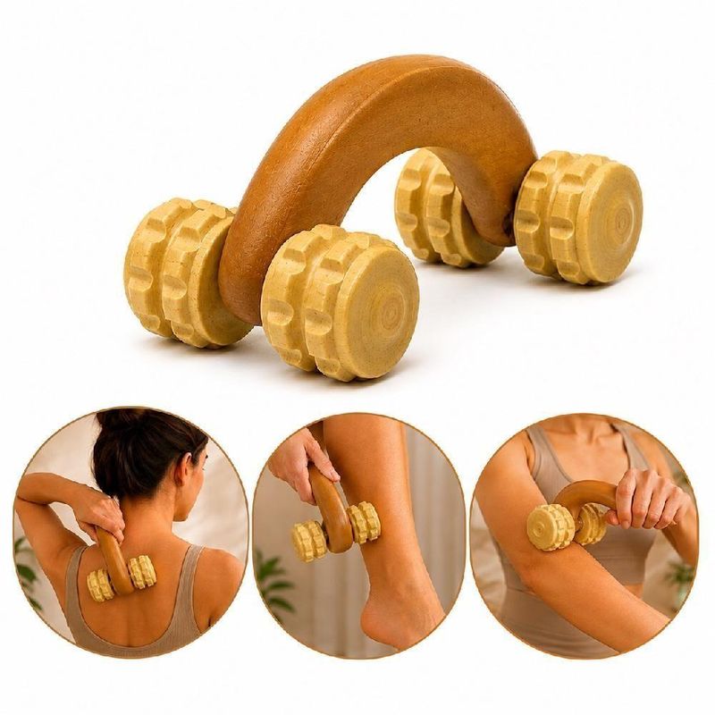 Massageador Corporal Manual Yeet Carrinho Bambu Antistress 4 Rodas Madeira