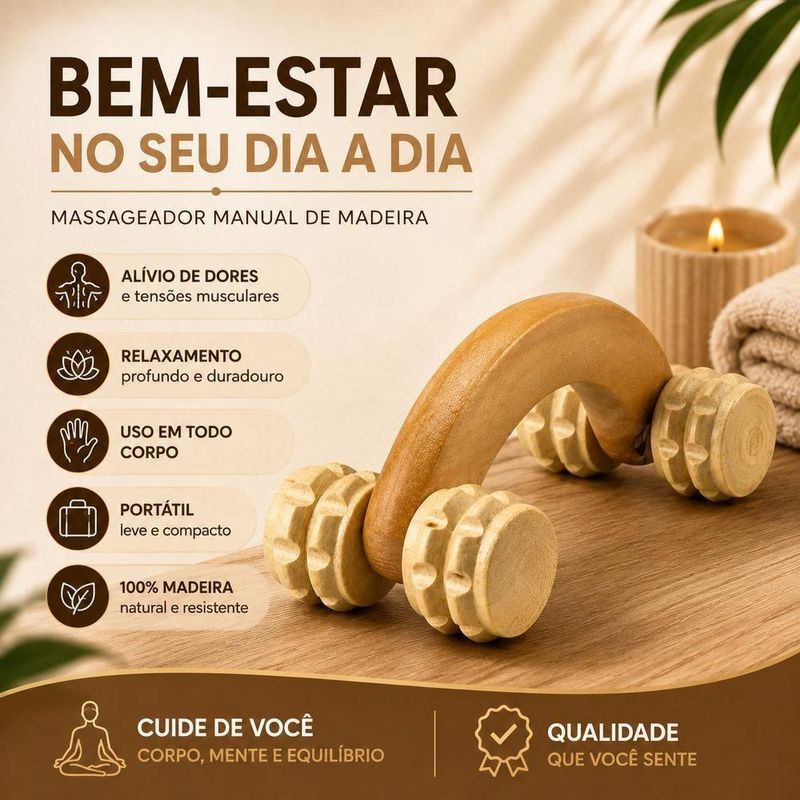 Massageador Corporal Manual Yeet Carrinho Bambu Antistress 4 Rodas Madeira