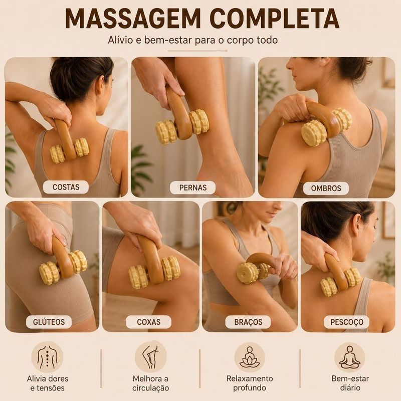 Massageador Corporal Manual Yeet Carrinho Bambu Antistress 4 Rodas Madeira