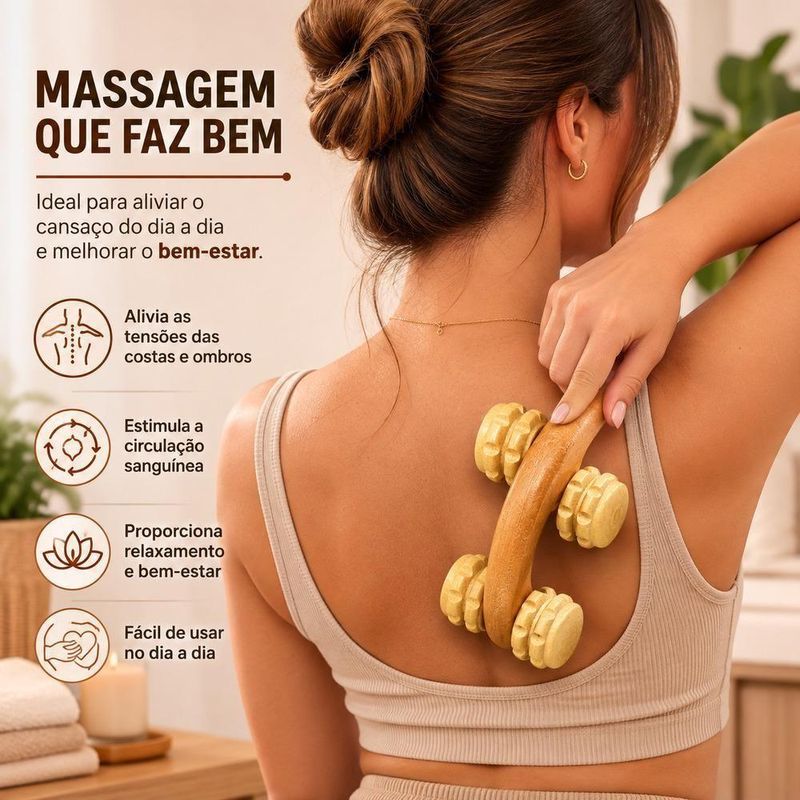 Massageador Corporal Manual Yeet Carrinho Bambu Antistress 4 Rodas Madeira
