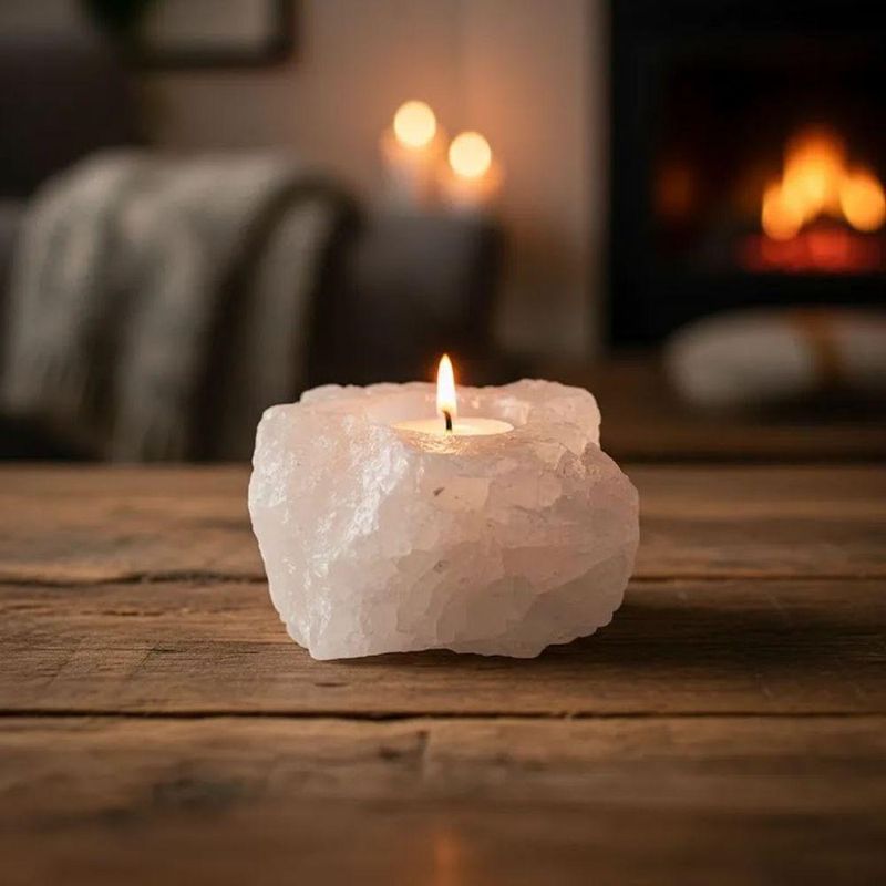 Porta Vela Decorativo Pedra Natural Cristal Quartzo Branco Esculpida Artesanalmente Peça Única